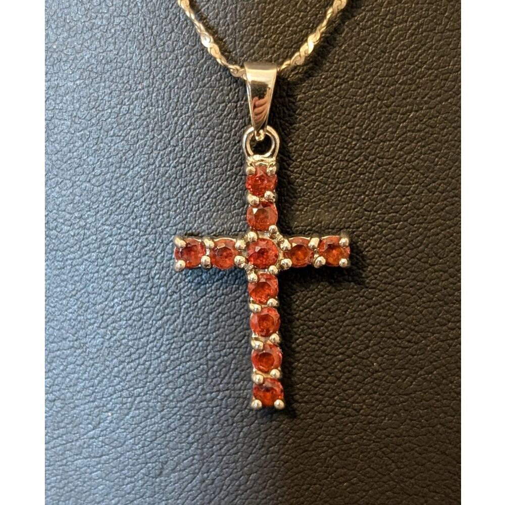 Vintage 925 Sterling Silver Real Garnet Cross & 18 mm Singapore Style Necklace